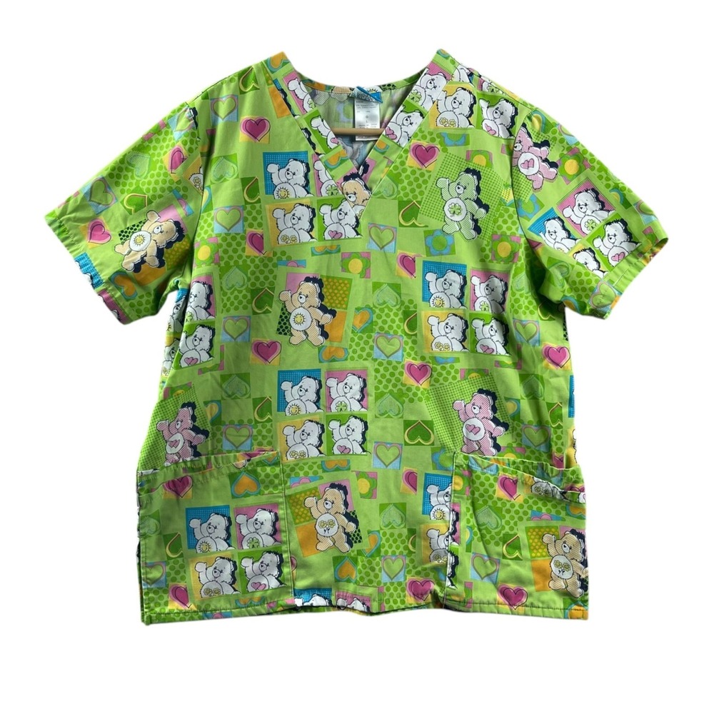 Care Bears Scrubs Top Shirt Womens Large Green Pockets Medical Uniform